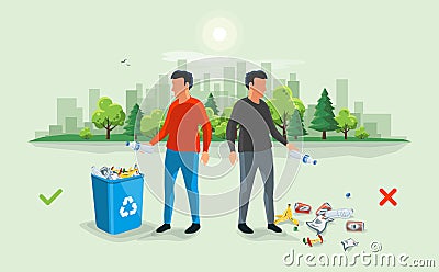 Correct and Wrong Littering Garbage around the Trash Bin with Pe Vector Illustration