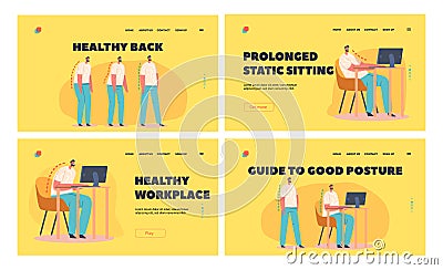 Correct and Wrong Posture of Back Bones Landing Page Template Set. Spinal Deformity, Scoliosis and Spine Curvature Vector Illustration