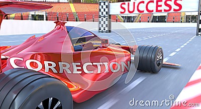 Correction and success - pictured as word Correction and a f1 car, to symbolize that Correction can help achieving success and Cartoon Illustration