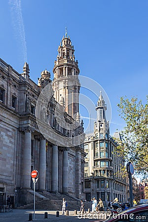 The Correos Building, Correus and Telegrafs in Catalan, is the headquarters of the Post and Telegraph State Society. building of Editorial Stock Photo