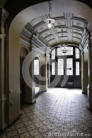 Corridor on the ground floor in the KGB Corner House in Riga, Latvia Editorial Stock Photo