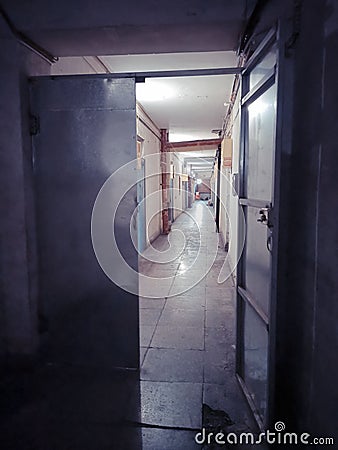 Corridor inside Fushuijing building of Beijing Communist architecture with lights Editorial Stock Photo