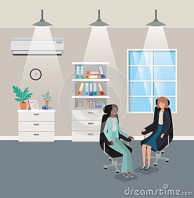 Corridor office with businesswomen sitting Vector Illustration