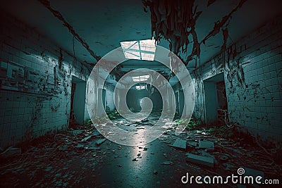 Corridor in old hospital, scary dark hallway in abandoned asylum, generative AI Stock Photo