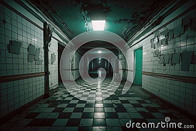 Corridor in old hospital, scary dark hallway in abandoned building, generative AI Stock Photo