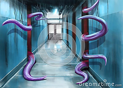 Corridor and purple red tentacles Cartoon Illustration