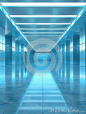 A corridor with striking neon blue lighting reflects on marble tiles, creating a path that is both captivating and Stock Photo