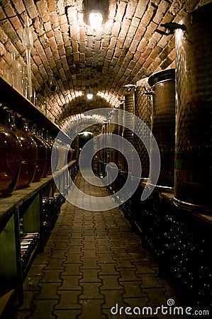 Corridor in traditional wine cellar Stock Photo