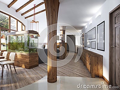 Corridor with a view of the living room with a wooden column in Stock Photo