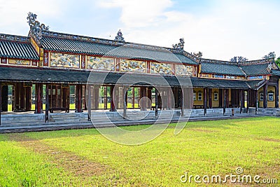 Covered corridors with opened shutters to the Citadel. Imperial City Hue, in the Forbidden City of Hue, Vietnam Stock Photo