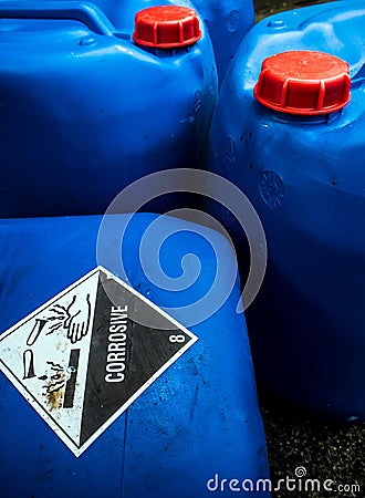 Corrosive material at the acid container Stock Photo