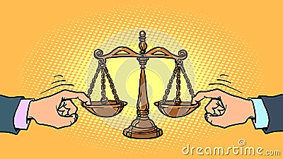 corrupt court concept. Politicians influence the judge. scales of justice, a symbol of judicial power and an honest Vector Illustration