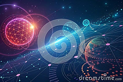 Corrupted Network Abstract Background with Glowing Particles and Futuristic Tech Elements Stock Photo