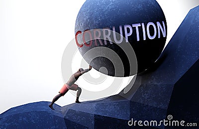 Corruption as a problem that makes life harder - symbolized by a person pushing weight with word Corruption to show that Cartoon Illustration