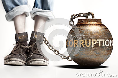 Corruption can be a big weight and a burden with negative influence - Corruption role and impact symbolized by a heavy prisoner`s Cartoon Illustration