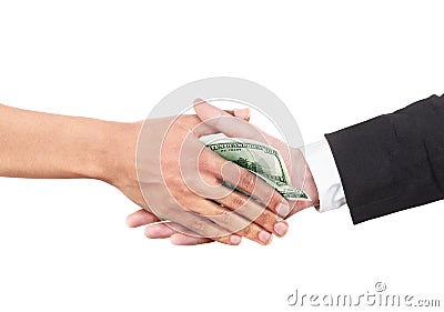 Corruption concept. Handshake with cash transfer Stock Photo