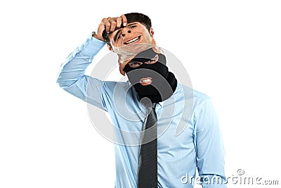 Corruption, crime and criminal mask portrait of worker hiding identity for fraud behaviour. Corporate businessman with Stock Photo