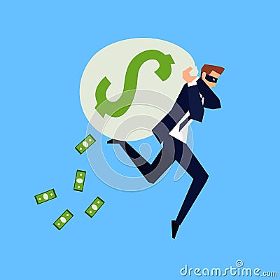 The thief runs with a holey bag of dollars. Vector Illustration