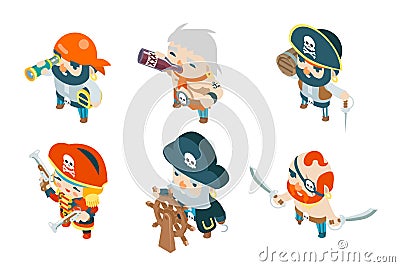 Corsair pirate ship crew buccaneer filibuster sea dog sailors fantasy RPG treasure game isometric characters flat design Vector Illustration