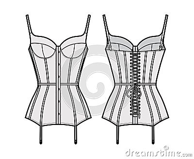Corselette bustier Marry Widow lingerie technical fashion illustration with molded cup, back laced, attached garters. Vector Illustration