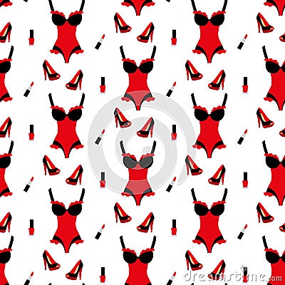 Corset high heels, lipstick, nail polish. Seamless pattern. Cartoon Illustration