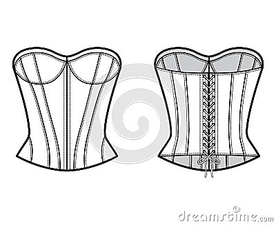 Corset-style top technical fashion illustration with fitted body, scoop strapless neckline, lacing back. Vector Illustration