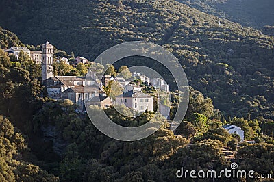 Corsica, Cap Corse, Mediterranean maquis, on the road, driving, winding road, perched, old town Stock Photo