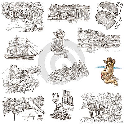 Corsica - An hand drawn collection on white Cartoon Illustration