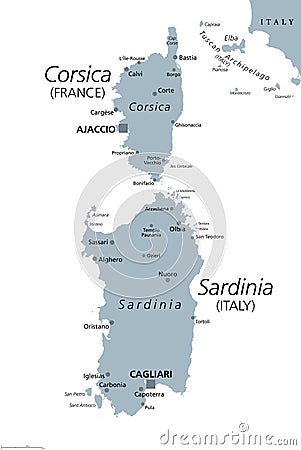 Corsica and Sardinia, French and Italian islands, gray political map. Vector Illustration