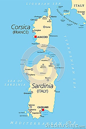 Corsica and Sardinia, French and Italian islands, political map. Vector Illustration