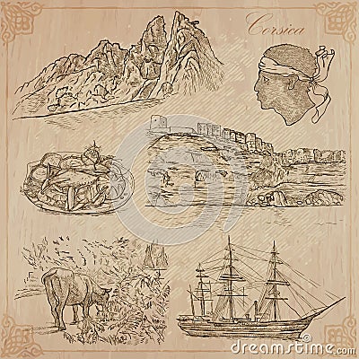 Corsica, Travel - Hand drawn vector pack Vector Illustration