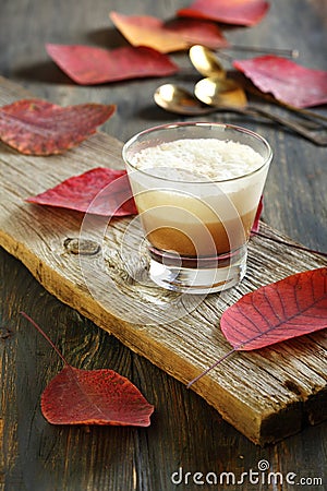 Cortado coffee. Espresso with whipped baked milk. Stock Photo