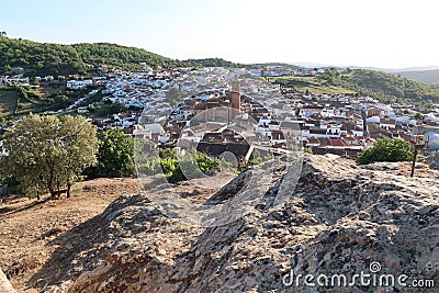 White houses of the magical Andalusian town of Cortegana, Huelva, Spain with Divino Salvador church seen from the castle Editorial Stock Photo