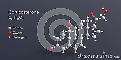 corticosterone molecule 3d rendering, flat molecular structure with chemical formula and atoms color coding Stock Photo