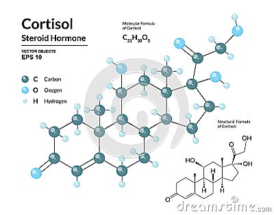 Cortisol. Steroid Hormone. Structural Chemical Molecular Formula and 3d Model of Stress Hormone Vector Illustration