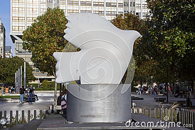 Statue of the white dove of peace located in the Plaza de Pontevedra in A Coruna Editorial Stock Photo