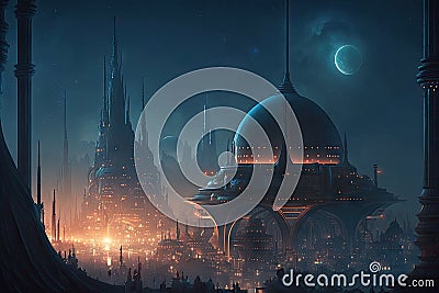 Coruscant city at night. Big moon and beautiful story Cartoon Illustration