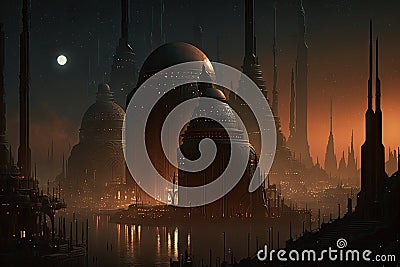 Coruscant city at night. Big moon and beautiful story Cartoon Illustration