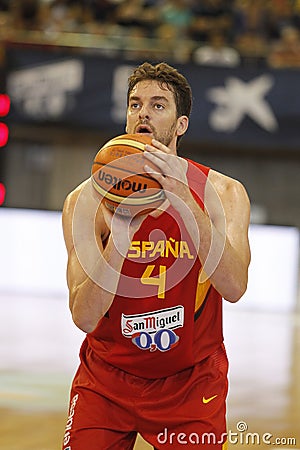 Pau Gasol shooting for the basket during the friendly basketball match between Spain and Canada Editorial Stock Photo