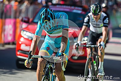 Corvara, Italy May 21, 2016; Vincenzo Nibali, professional cyclist, pass the finish line of the stage Editorial Stock Photo