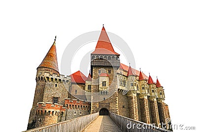 Corvin Castle isolated on white background. Also known as Hunyadi Castle or Hunedoara Castle Stock Photo