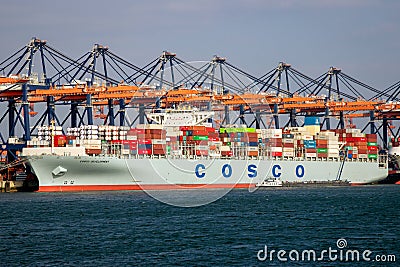 COSCO container ship being loaded by gantry cranes in the ECT Shipping Terminal in the Port of Rotterdam. March 16, 2016 Editorial Stock Photo