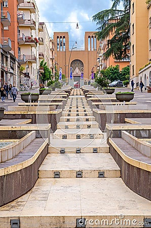 Cosenza, Italy - May 7, 2018: View of modern stairs street via Arabia with fountains Editorial Stock Photo