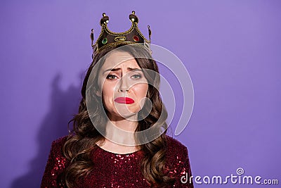 Coseup photo of princess lady lose prom queen status crown head burst out crying negative feelings emotions wear sequins Stock Photo