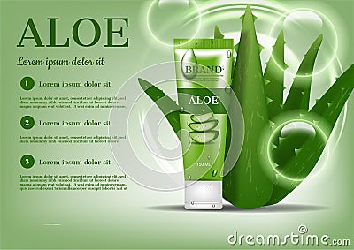 Cosmetic ad, Foam with aloe vera tree and bubbles on green background Vector Illustration