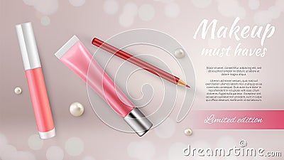 Cosmetic ads banner. Realistic make up pencil pipstick and gloss. Beauty vector background Vector Illustration