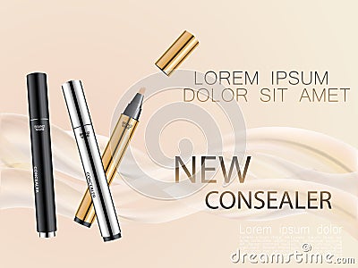 Cosmetic ads gold, black and silver consealers with cream waves on pastel color background. Face care, body care and skin cosmetic Vector Illustration