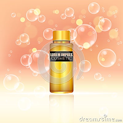 Cosmetic ads. Gold bottle package design with moisturizer cream or liquid. Vector Illustration