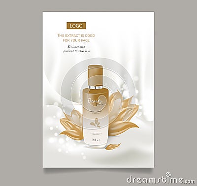 Cosmetic ads moisturizing serum. Light beige silk fabric water flower blossom. Vector Illustration