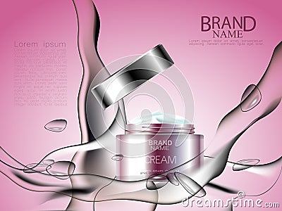 Cosmetic ads with splash of water and lotion around. Face tonal cream with essence. Vector Illustration